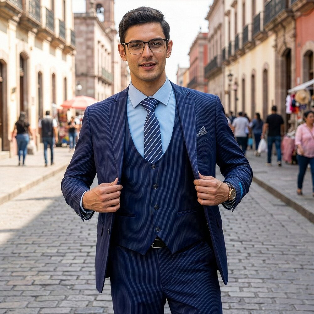 New 2026 Mens 3pc Pinstripe Blue Suit Set, Hybrid Fit (H1)